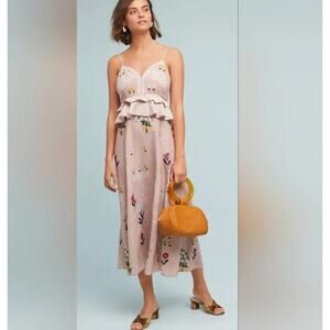 Anthropologie Pink Floral Ruffle Midi Dress
